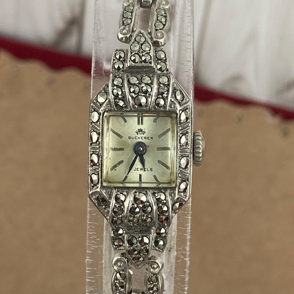 Vintage Bucherer Marcasite Watch Swiss Made Euro 0.800 Silver - Picture 1 of 11